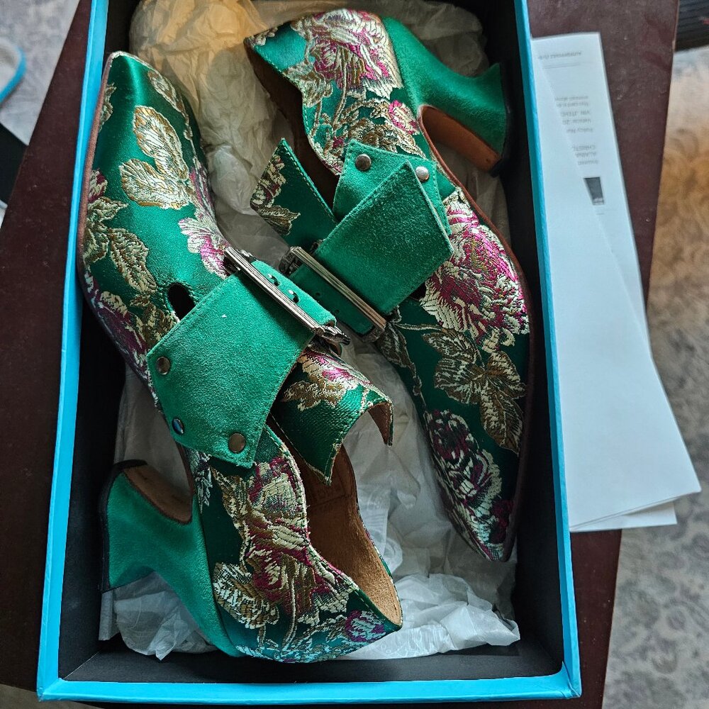 Rare John Fluevog Green Floral Brocade Heels, Buckle Strap, Womens 6.5